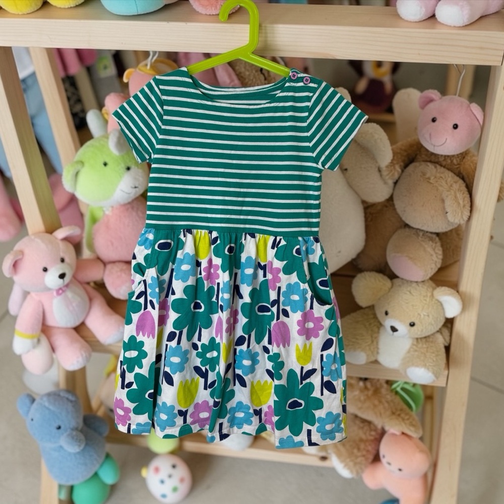 Mini Boden Girls Floral Dress 7-8 Green Stripe Garden Print Cottagecore Spring - Picture 1 of 13